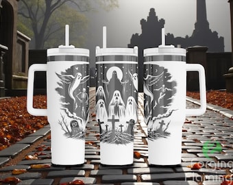 May include: Three white travel mugs with black and gray Halloween-themed designs. Each mug features a handle, a lid, and a straw. The designs include ghosts, skeletons, and a graveyard scene. The mugs are on a brick walkway.