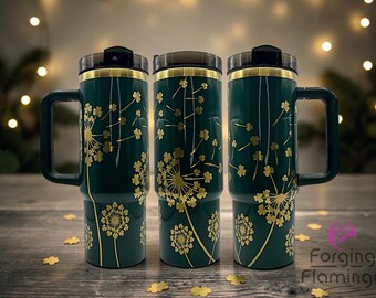 Vaso térmico de acero inoxidable sin costuras de 887 ml (30 oz) con pajita, grabado láser con trébol y diente de león (BARRIBA)