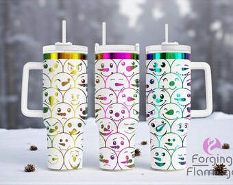 May include: Three white insulated tumblers with handles, each adorned with a pattern of snowman faces in various expressions. The lids have a metallic rainbow finish, and each tumbler includes a white straw.