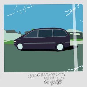 Puede incluir: Una minivan negra está estacionada en una calle con un cielo azul de fondo. El texto "good kid, m.A.A.d city a short film by: kendrick lamar" está escrito debajo de la imagen.