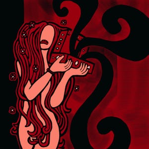 May include: Illustration of a figure with long red hair adorned with flowers, holding a red rectangular object. The artwork features a red and black color scheme with swirling black shapes and a textured background.