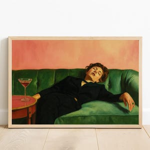 Woman on Couch with Martini | Trendy  | Cocktail Art Bar Cart Decor | Soft Tonal Oil Painting | Aesthetic Oil Painting Gift |