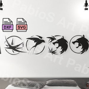 May include: Black wall art featuring four circular designs with animal and symbol silhouettes. The designs include a swallow, a bird, and two wolf heads. The image also shows DXF and SVG file icons.