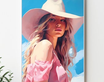 Väggkonst med cowgirl i kustnära stil: Rosa flickigt westerntryck (digital nedladdning)
