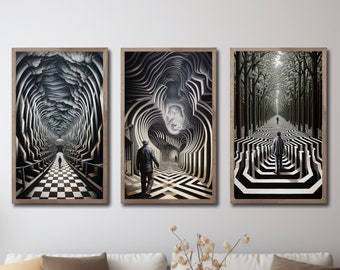 Impressões de arte de parede psicodélicas, pôster dos anos 70, arte de parede com ilusão de ótica, arte de parede dos anos 70, impressão de decoração hippie, arte surreal alucinante
