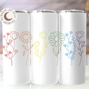 Gobelet floral fierté emballé, fleurs arc-en-ciel 20 oz, gobelet skinny design sublimation LGBTQ, PNG Pride Month, gobelet Wrap, Rainbow Pride PNG