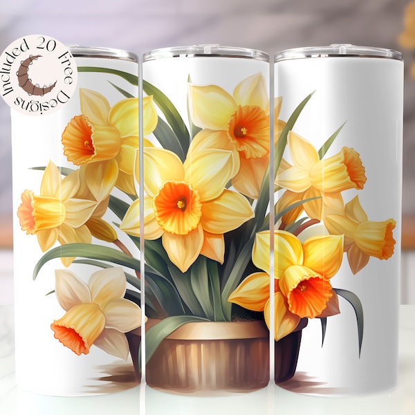 Daffodil Tumbler Wrap Watercolor Spring Flower Tumbler PNG Floral Sublimation Design Daffodil 20 oz Skinny Tumbler Wildflower Tumbler PNG