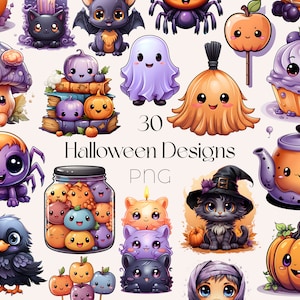 Lindo paquete de imágenes prediseñadas de Halloween en colores pastel Lindo paquete de imágenes prediseñadas de Halloween en acuarela Lindo paquete de imágenes prediseñadas de Halloween en colores pastel Paquete de imágenes PNG de Halloween Kawaii Halloween