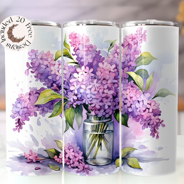 Lilac Tumbler Wrap Watercolor Spring Flower Tumbler PNG Floral Sublimation Design Lilac 20 oz Skinny Tumbler Wildflower Tumbler PNG Spring