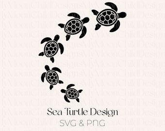 May include: A design featuring five black sea turtles in a curved line, with the text "Sea Turtle Design SVG & PNG" below.