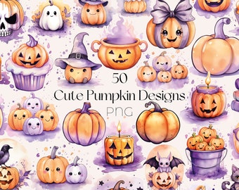 Niedliche Kürbis-Cliparts, Pastellfarben, Halloween, Aquarell-Cliparts, Halloween, Kürbis-Clipart-Bundle, Kürbisse (PNG), Halloween-Kürbis