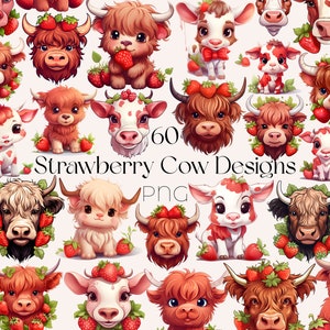 Cute Strawberry Cow Clipart Watercolor Baby Highland Cow Clipart Strawberry Cow SVG Baby Highland Cow SVG Kawaii Pink Strawberry Cow PNG svg