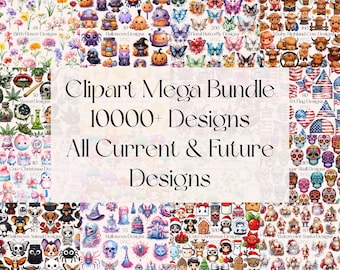 Könnte beinhalten: Eine Sammlung digitaler Clipart-Designs mit verschiedenen Themen, darunter Blumen, Halloween, Weihnachten und Tiere. Das Bild zeigt den Text "Clipart Mega Bundle 10000+ Designs All Current & Future Designs."