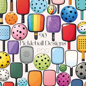Peut inclure: 90 designs de raquettes et balles de pickleball colorés au format PNG. Les designs présentent diverses couleurs, motifs et textures, notamment des pois, des rayures et des formes géométriques.
