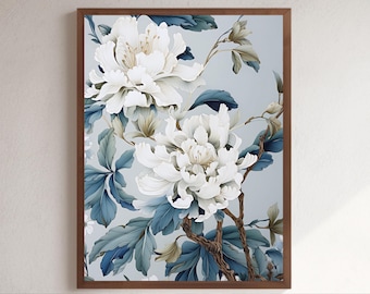 Floral Chinoiserie Wall Art: Blue Asian Flower Print (Digital Download)