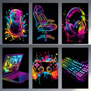 Póster de juegos, impresiones de neón para juegos, arte de pared para juegos, decoración de sala de juegos, regalo para jugadores, pósteres de juegos, decoración de dormitorio de niños de neón, impresión de videojuegos para juegos