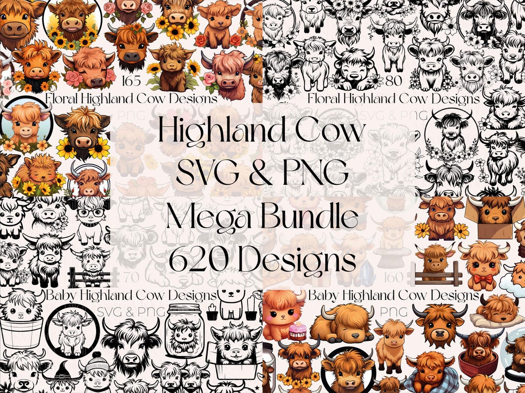 Highland Cow SVG Mega Bundle: Floral Cow Clipart PNG (digital Download ...