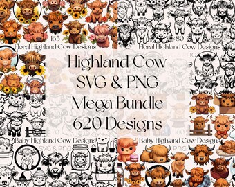 Mega Bundle SVG di mucca delle Highlands: Clipart di mucca floreale PNG (download digitale)