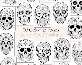 Páginas para colorear de calaveras de azúcar. Paquete de calaveras de azúcar florales. Diseños del Día de los Muertos. Páginas para colorear del Día de los Muertos para niños. Calavera de azúcar mexicana.