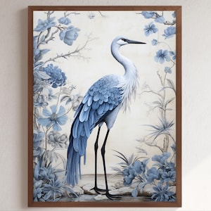Art mural chinoiserie grue : imprimable Japandi floral bleu clair (téléchargement numérique)