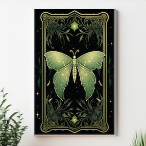 Carte de tarot Art mural Luna Moth Decor Whimsigoth Dark Academia Print Affiche Luna Moth Cottagecore Art mural Conception de cartes de tarot Impression Luna Moth