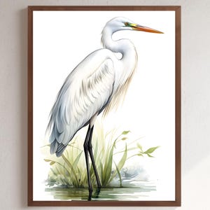 Impresión de garza blanca en acuarela, arte mural de pájaros, arte mural de garza chinoiserie, arte japonés, póster de pájaros, impresión de garza en acuarela, clipart de garza blanca JPG