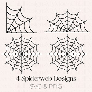 May include: Four black spiderweb designs in various shapes, including a corner, a half-circle, and two full circular webs. The text "4 Spiderweb Designs SVG & PNG" is at the bottom.