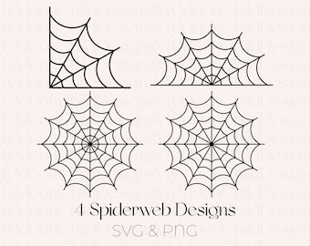 Puede incluir: Cuatro diseños de telarañas negras en varias formas, incluyendo una esquina, un semicírculo y dos telarañas circulares completas. El texto "4 Spiderweb Designs SVG & PNG" está en la parte inferior.