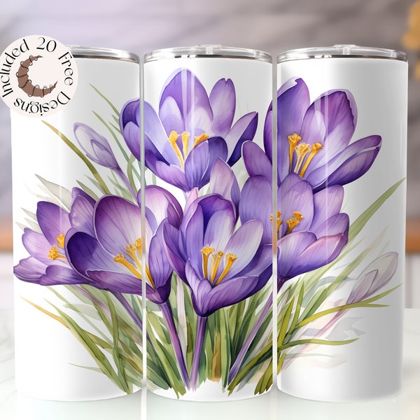 Crocus Tumbler Wrap Watercolor Spring Flower Tumbler PNG Floral Sublimation Design Crocus 20 oz Skinny Tumbler Wildflower Tumbler PNG Spring