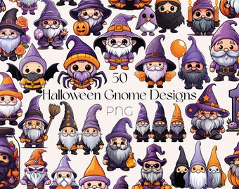 Könnte beinhalten: 50 Halloween-Zwergen-Designs im PNG-Format. Die Zwerge tragen lila Hüte und haben weiße Bärte. Sie halten verschiedene Halloween-Artikel in der Hand, wie zum Beispiel Kürbisse, Fledermäuse und Süßigkeiten.