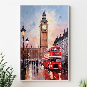 イギリス2階建て、街の風景 油彩画 イギリス2階建て、街の風景 油彩画