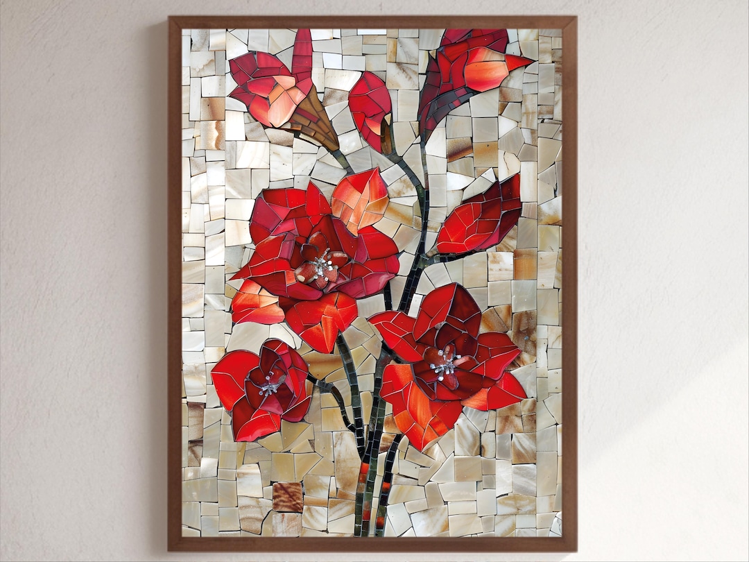 Printable Mosaic Wall Art Floral Stained Glass Print Mosaic Flower ...
