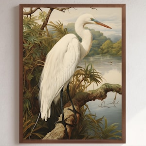 Vintage Heron Print Watercolor White Heron Wall Art Japandi Wall Art Heron Clipart Chinoiserie Wall Art White Heron Poster Japandi Art File
