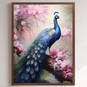 Pintura al óleo de pavo real con diseño floral para pared, impresión de pavo real, póster de pájaro japonés, arte de pared de pavo real imprimible, diseño de pájaro floral, clipart de pavo real