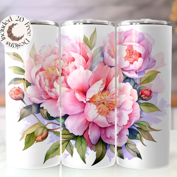 Peony Tumbler Wrap Watercolor Spring Flower Tumbler PNG Floral Sublimation Design Peony 20 oz Skinny Tumbler Wildflower Tumbler PNG Spring