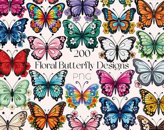 May include: A collection of 200 floral butterfly designs in PNG format. The butterflies are colorful and have intricate patterns. They are surrounded by flowers and leaves.