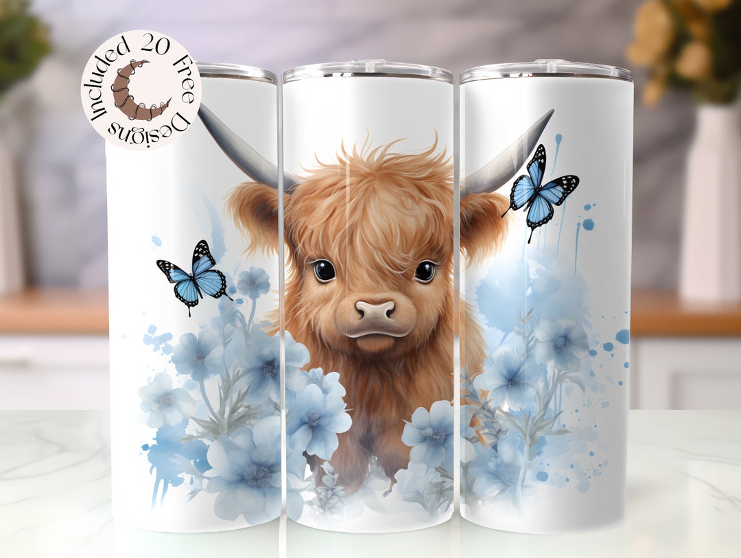 Baby Highland Cow Floral 20 Oz Tumbler Wrap Cute Baby Highland Cow Blue ...