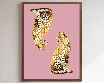 Leopard Poster – Vintage Symmetrical Leopard in a Retro Y2K Aesthetic, Pink Background (Digital Download)