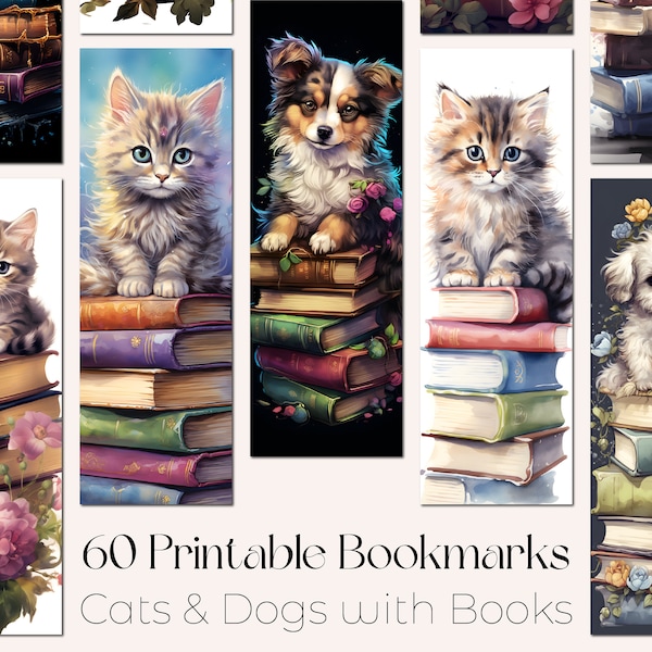 Cute Bookmark Bundle Cute Dog Bookmark PNG Cute Cat Bookmark Printable Cute Bookmarks Sublimation Designs Stacked Books Printable Bookmark