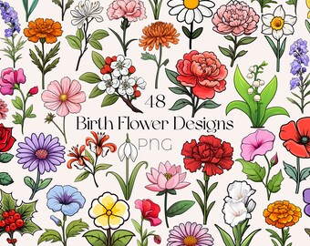 Birth Month Flower PNG Bundle: Cartoon Spring Flower Clipart (Digital Download)