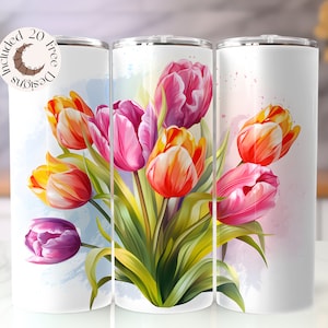 Tulip Tumbler Wrap Watercolor Spring Flower Tumbler PNG Floral Sublimation Design Tulip 20 oz Skinny Tumbler Wildflower Tumbler PNG Spring