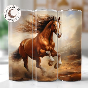 May include: A brown horse with a white blaze on its face runs through a field of tall grass. The horse's mane and tail are flowing in the wind. The background is a soft, golden color.