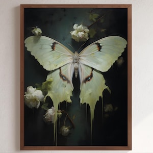 Floral Luna Moth Wall Art Whimsigoth Decor Luna Moth Print Dark Academia Art Luna Moth Poster Cottagecore Wall Art Floral Luna Moth Design