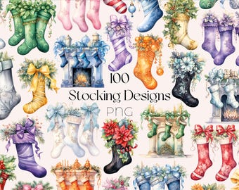 Könnte beinhalten: Eine Sammlung von 100 Aquarell-Illustrationen von Weihnachtsstrümpfen in verschiedenen Farben und Designs. Die Strümpfe sind mit Schleifen, Blumen, Stechpalmen und anderen festlichen Elementen verziert. Der Text "100 Stocking Designs PNG" wird in der Mitte des Bildes angezeigt.