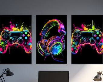 May include: Three neon-colored illustrations on a black background. The left and right illustrations are of a video game controller with colorful splashes of paint. The center illustration is of a pair of headphones with neon green, blue, and pink accents.