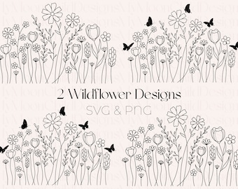May include: Two black and white line art designs of wildflower arrangements with butterflies. The text "2 Wildflower Designs SVG & PNG" is below the images.