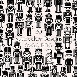 Pode incluir: Um padrão repetido de 30 desenhos de quebra-nozes em preto e branco. Cada quebra-nozes é uma ilustração estilizada com um uniforme e chapéu distintos. O texto "30 Nutcracker Designs SVG & PNG" está centralizado na imagem.
