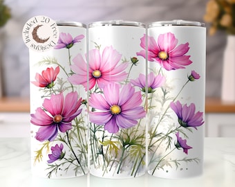 Cosmos Tumbler Wrap Watercolor Spring Flower Tumbler PNG Floral Sublimation Design Cosmos 20 oz Skinny Tumbler Wildflower Tumbler PNG Spring