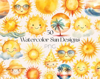 Watercolor Sun Clipart Bundle Summer PNG Nursery Clip Art Watercolor Boho Sun PNG Cute Sun Clipart Sunshine Designs Retro Sun PNG Cute Sun