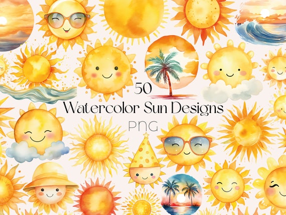 Watercolor Sun Clipart Bundle Summer PNG Nursery Clip Art Watercolor Boho Sun PNG Cute Sun Clipart Sunshine Designs Retro Sun PNG Cute Sun